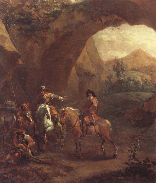 Landscape with troopers and soldiers beneath a rocky arch